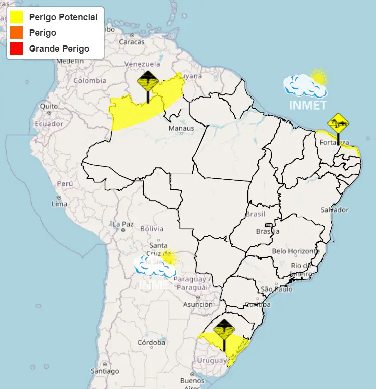alerta de perigo potencial na previsão do tempo do inmet - chuvas e rajadas de vento - 25/7/2023