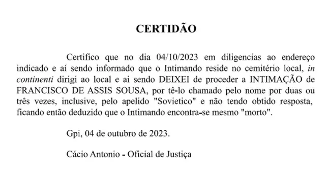 morto cemitério oficial justiça