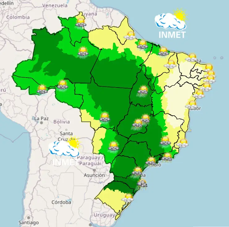 mapa da previsão do tempo - chuva se espalha pelo brasil - 18112023