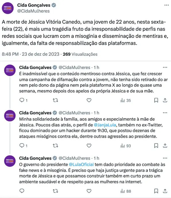 Ministra das Mulheres se manifesta sobre caso envolvendo a Choquei | Foto: Reprodução X/Twitter
