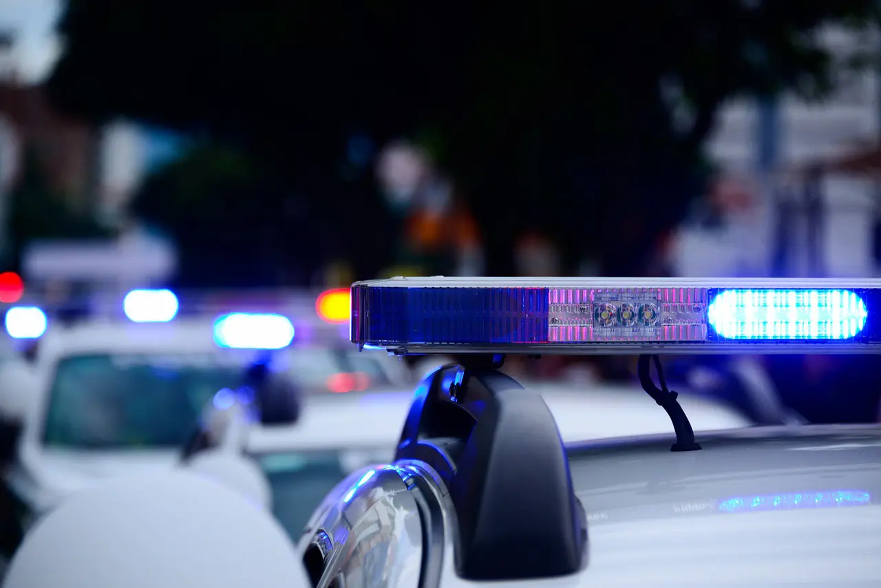 Imagem de carros da polícia, com a sirene ligada. Os veículos parecem alinhados, um atrás do outro