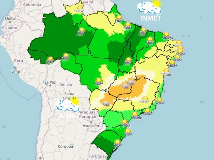 mapa - previsão do tempo com calor e chuva