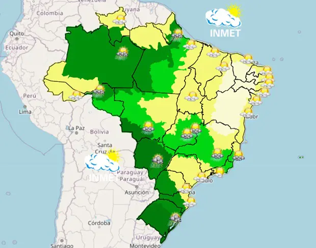 previsão do tempo - domingo chuvoso no Brasil - mapa da manhã