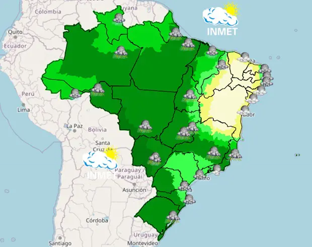 previsão do tempo - domingo chuvoso no Brasil - mapa da noite