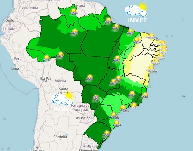 previsão do tempo - domingo chuvoso no Brasil - mapa da tarde