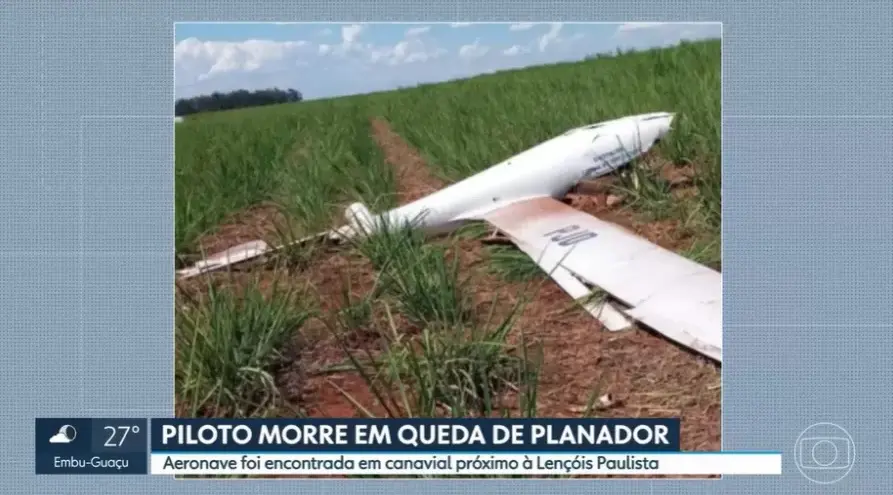 Planador | De acordo com o Corpo de Bombeiros, o acidente aconteceu por volta de 14h11, às margens da Rodovia Marechal Rondon | Foto: Reprodução/TV Globo
