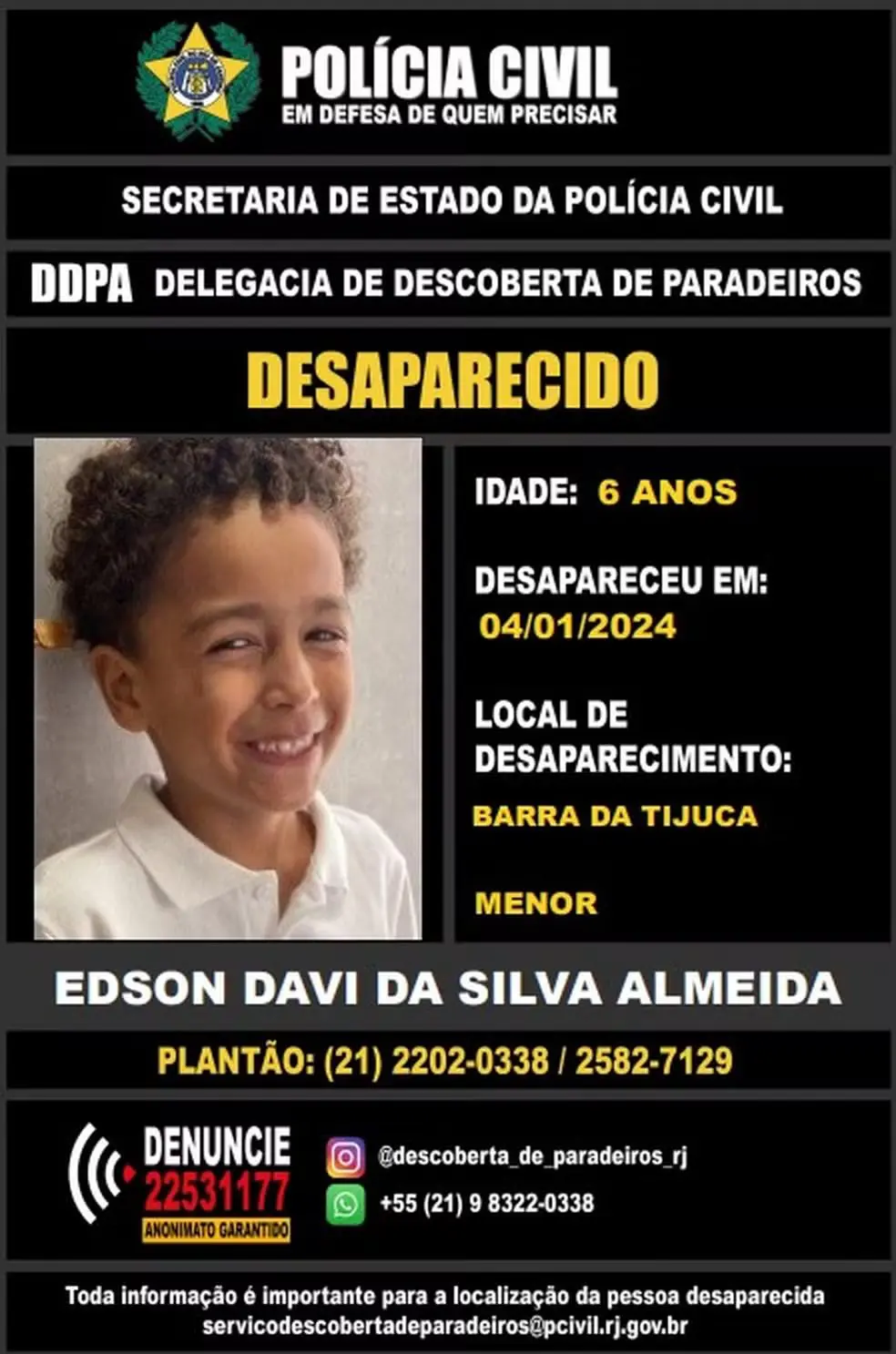 polícia menino | A família disse que é improvável que ele tenha ido para a água porque ele tinha medo do mar | Foto: Divulgação/Polícia Civil