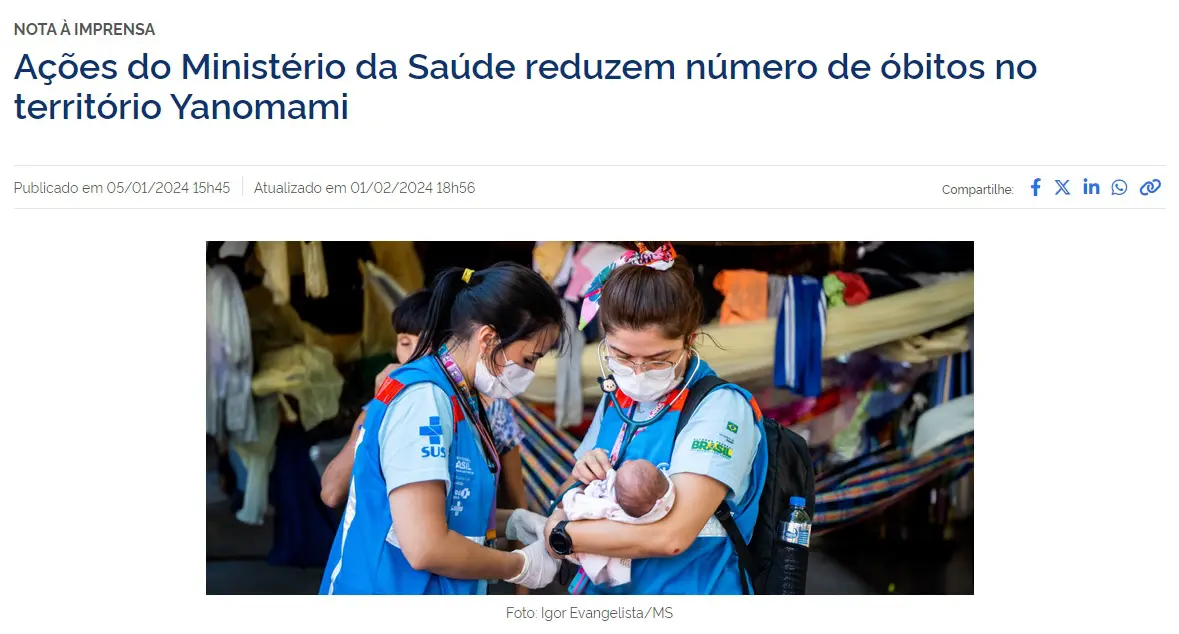 Imagem da reportagem do site oficial do governo. Na capa, aparecem duas funcionárias do governo cuidando de um bebê indígena