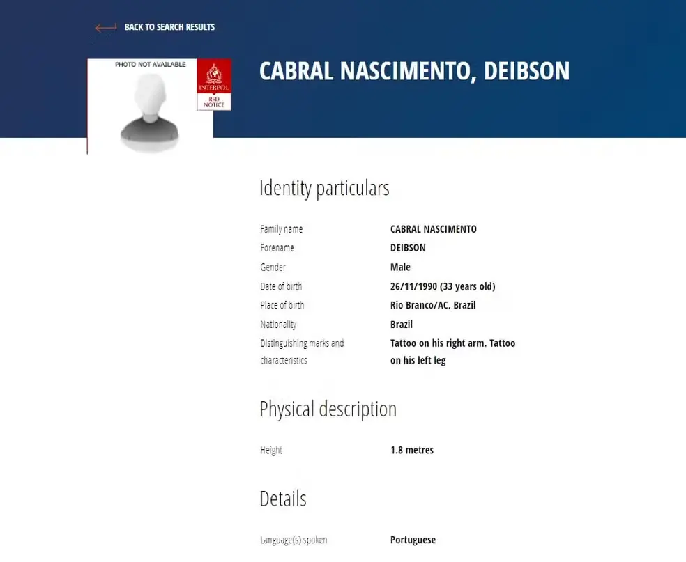 Perfil de fugitivo de Mossoró na Interpol