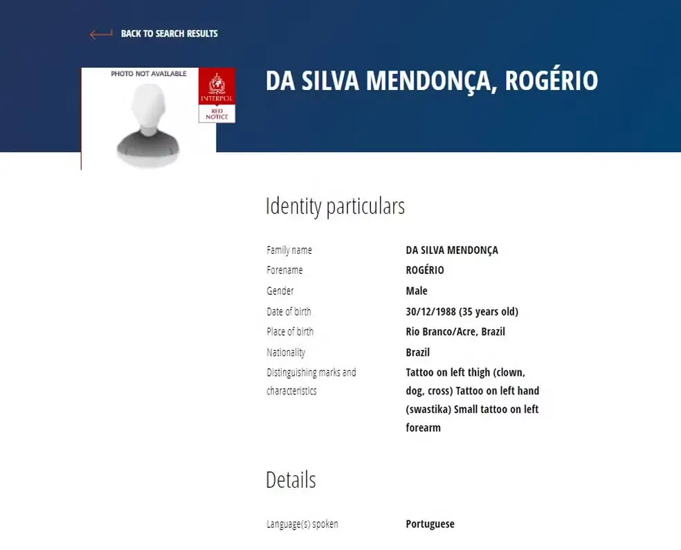 Perfil de fugitivo de Mossoró na Interpol