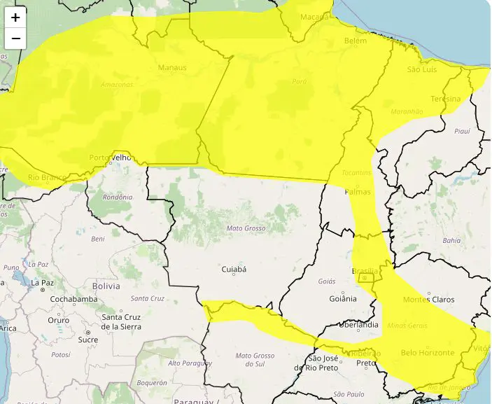 Quase todas as regiões do Brasil têm atuação de chuvas intensas, com representação na cor amarela | Foto: Reprodução/Inmet