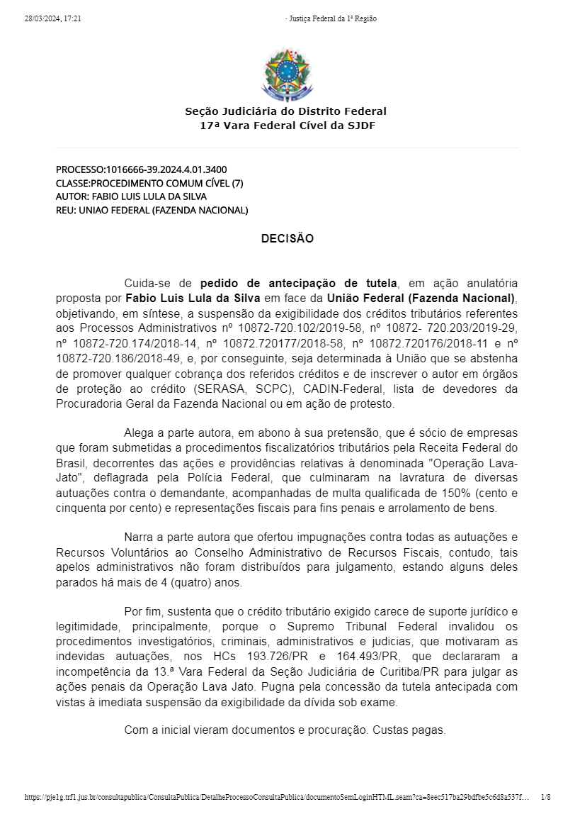 Decisão Justiça Federal, Lulinha