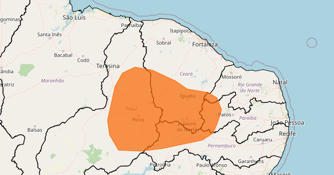 chuvas intensas na Região Nordeste - Área afetada pela chuva de até 100 mm/dia e ventos de até 100 km/h | Foto: Reprodução/Inmet