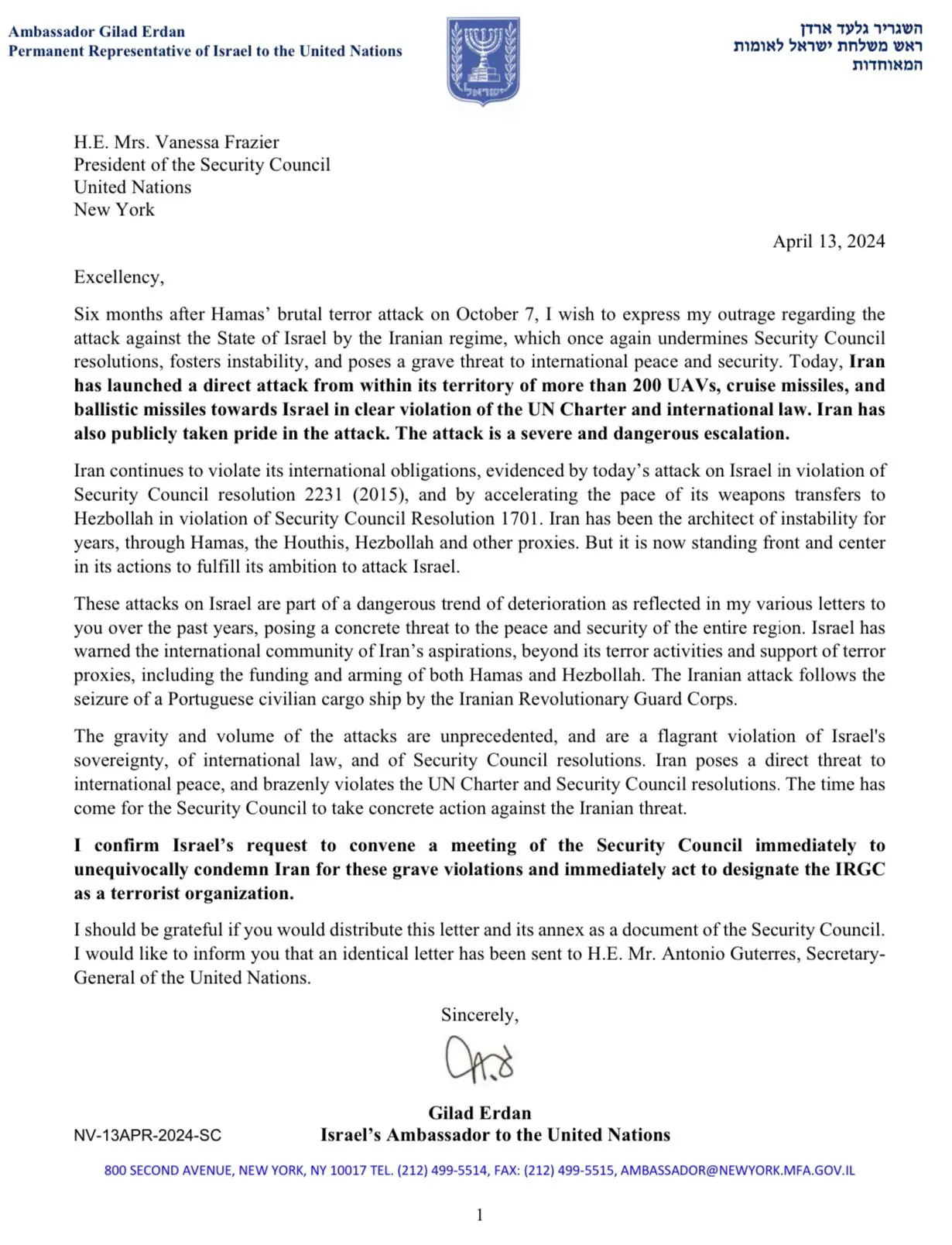 carta de israel contra o irã ao conselho de segurança da onu