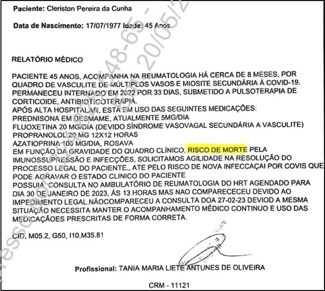 Tiago Pavinatto afirma que o atestado médico que dizia que Cleriston sofria risco de morte não foi analisado pelo ministro Alexandre de Moraes