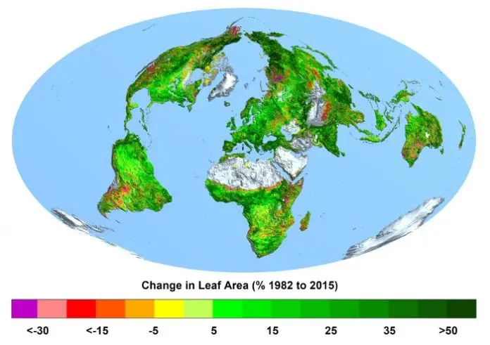 Crescimento da vegetação pelo planeta, segundo avaliação dos satélites por período, iniciando em 1982 | Foto: Divulgação/Arquivo pessoal