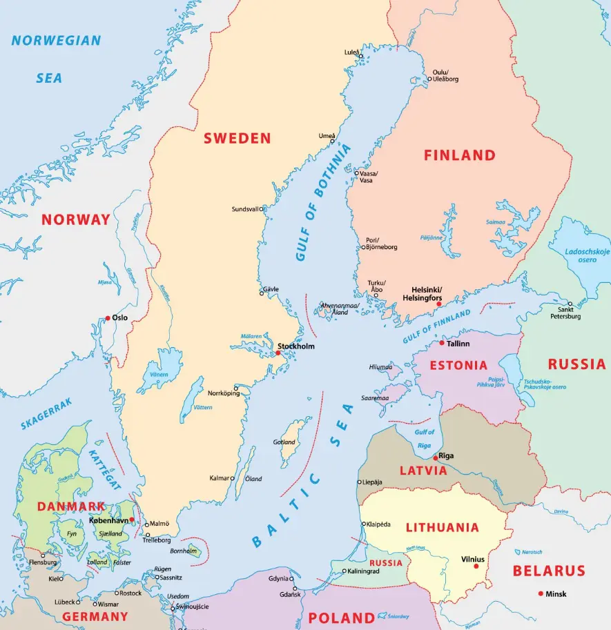 Dos 32 membros da aliança militar ocidental, seis fazem fronteira com a Rússia: Lituânia, Letônia, Estônia, Finlândia, Noruega e Polônia | Foto: Reprodução/Google