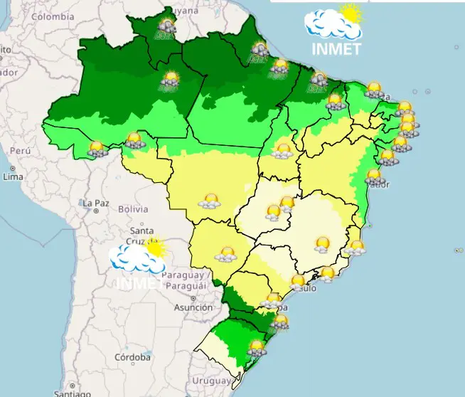 Em Santa Catarina, e no oeste do Paraná, haverá muitas nuvens, com pancadas de chuva isolada