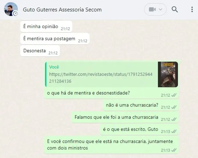 Conversas de WhatsApp mostram o ministro e sua equipe intimidando a repórter de <b>Oeste</b> | Foto: Divulgação/Arquivo pessoal