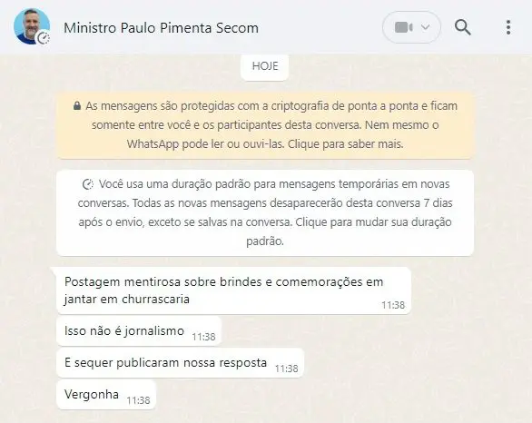 Conversas de WhatsApp mostram o ministro e sua equipe intimidando a repórter de <b>Oeste</b> | Foto: Divulgação/Arquivo pessoal