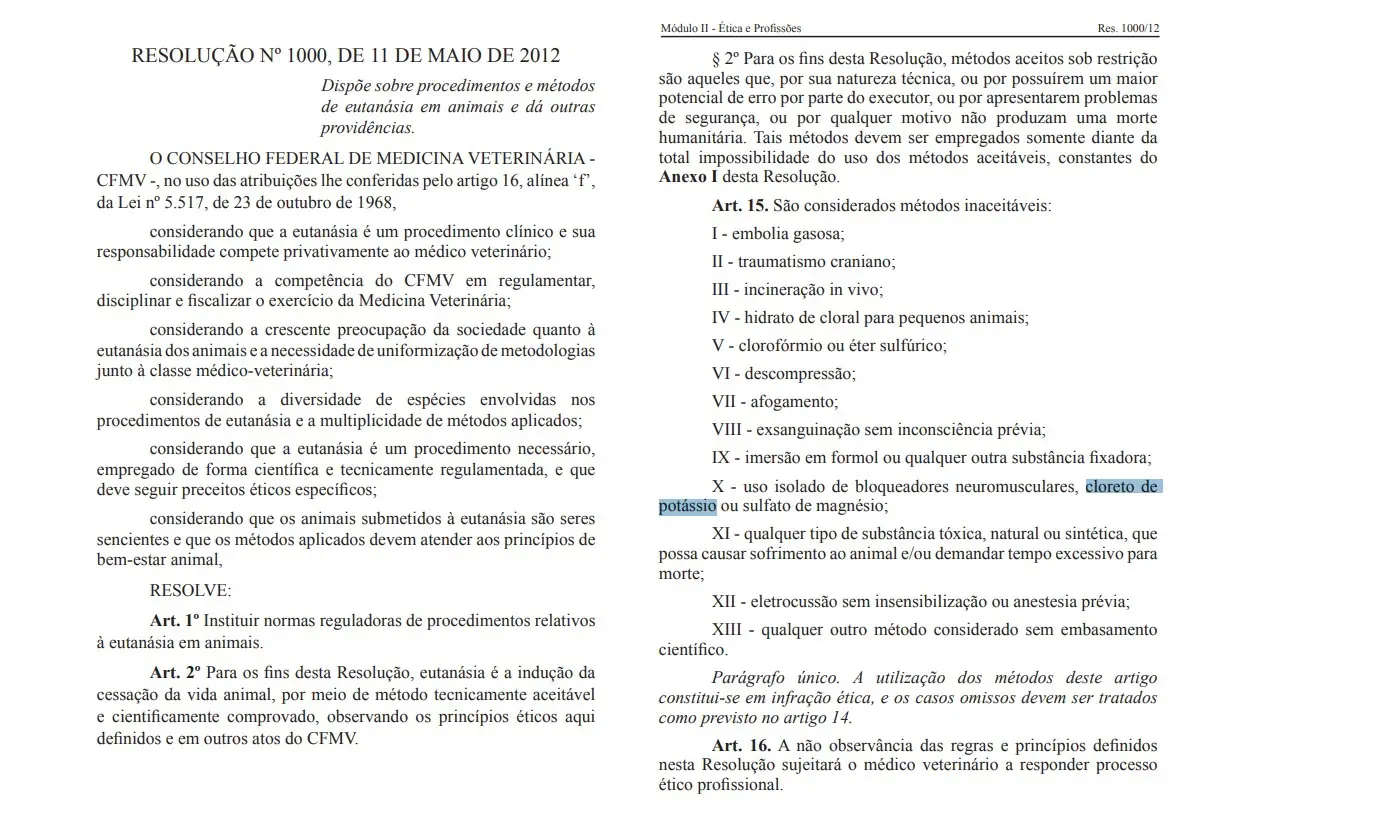 Resolução do Conselho Federal de Medicina Veterinária proíbe o uso de cloreto de potássio em eutanásia. A substância é a mesma utilizada na assistolia fetal | Foto: Reprodução/CFMV