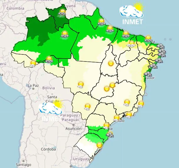 Mapa mostra a previsão do tempo para a manhã deste sábado — 18/5/2024