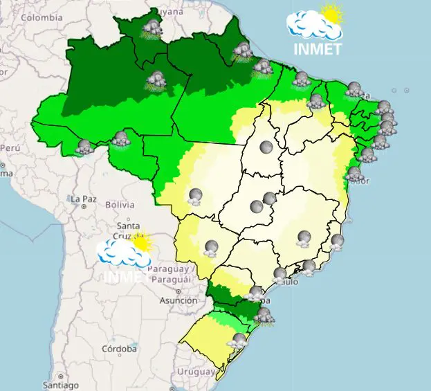 Mapa mostra a previsão do tempo para a noite deste sábado — 18/5/2024
