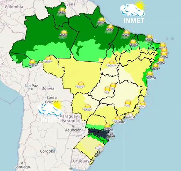 Mapa mostra a previsão do tempo para a tarde deste sábado — 18/5/2024