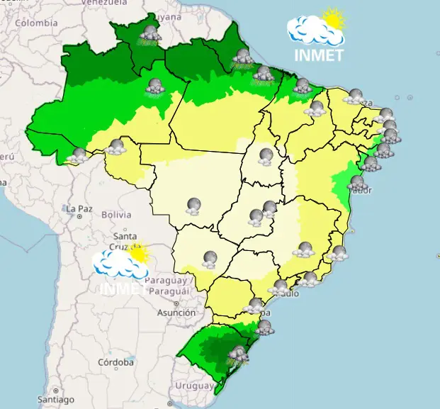 mapa mostra a previsão do tempo para as capitais na noite desta sexta-feira