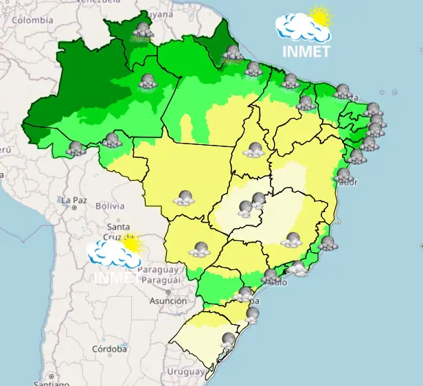 mapa mostra a previsão do tempo para o brasil
