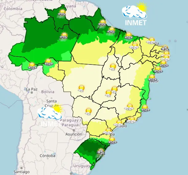 mapa mostra a previsão do tempo para as capitais na tarde desta sexta-feira