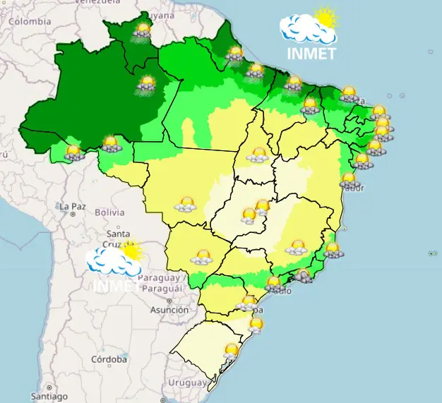 mapa mostra a previsão do tempo para o brasil