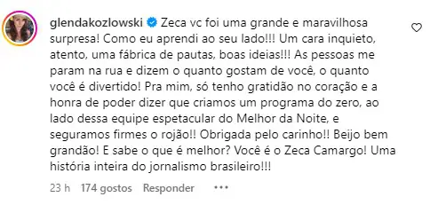 Glenda Kozlowski lamentou a saída de Zeca Camargo da Band