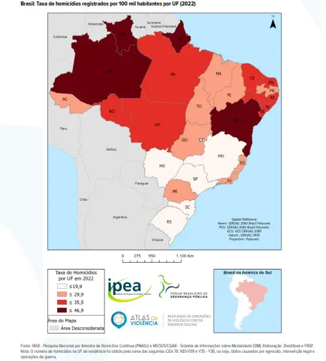 Mapa do Brasil, que mostra todas as taxas de homicídio por Estados