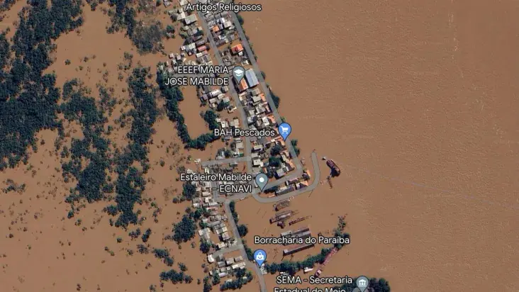 Atualização das imagens de satélite da plataforma mostra a dimensão das enchentes em Porto Alegre | Foto: Reprodução/Google Maps