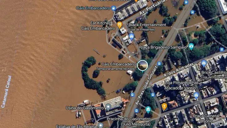 Atualização das imagens de satélite da plataforma mostra a dimensão das enchentes em Porto Alegre | Foto: Reprodução/Google Maps