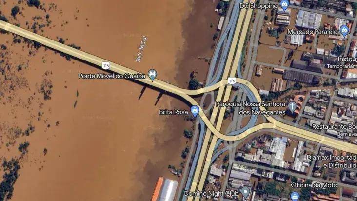 Atualização das imagens de satélite da plataforma mostra a dimensão das enchentes em Porto Alegre | Foto: Reprodução/Google Maps