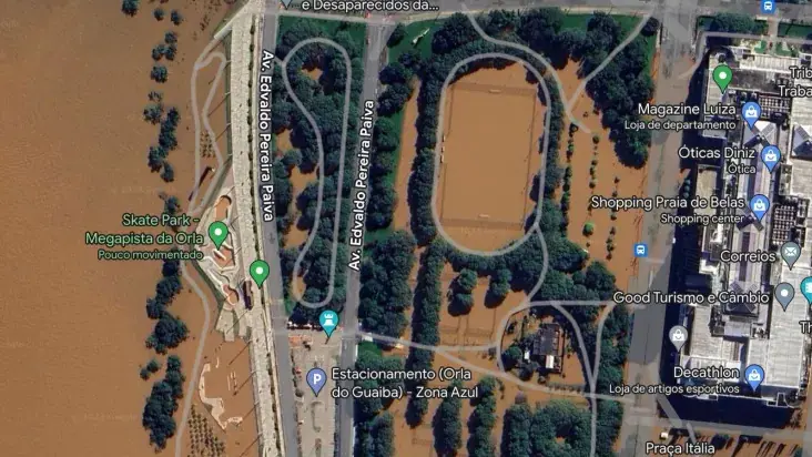 Atualização das imagens de satélite da plataforma mostra a dimensão das enchentes em Porto Alegre | Foto: Reprodução/Google Maps