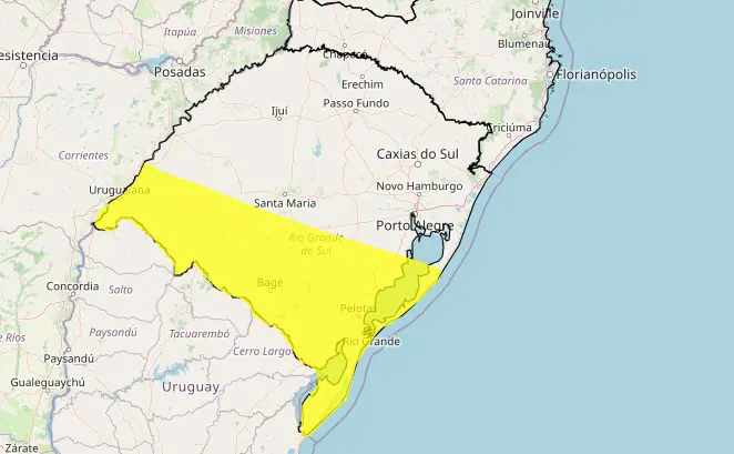 Mapa que destaca o alerta de tempestade para a parte sul do Rio Grande do Sul