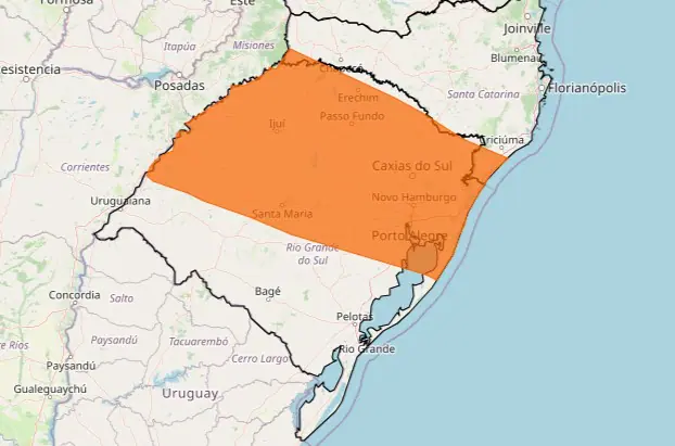 Mapa com destaque para o alerta, na cor laranja, de tempestade para o Rio Grande do Sul
