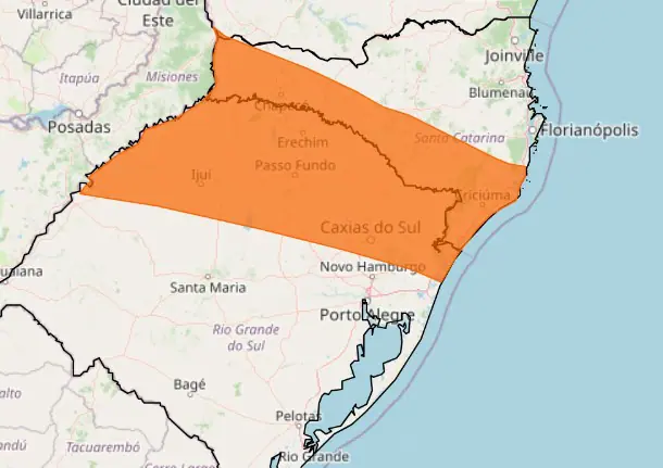 Mapa com destaque para o alerta laranja de tempestade que afeta áreas do RS e de SC — 17/6/2024 | Foto: Reprodução/Inmet