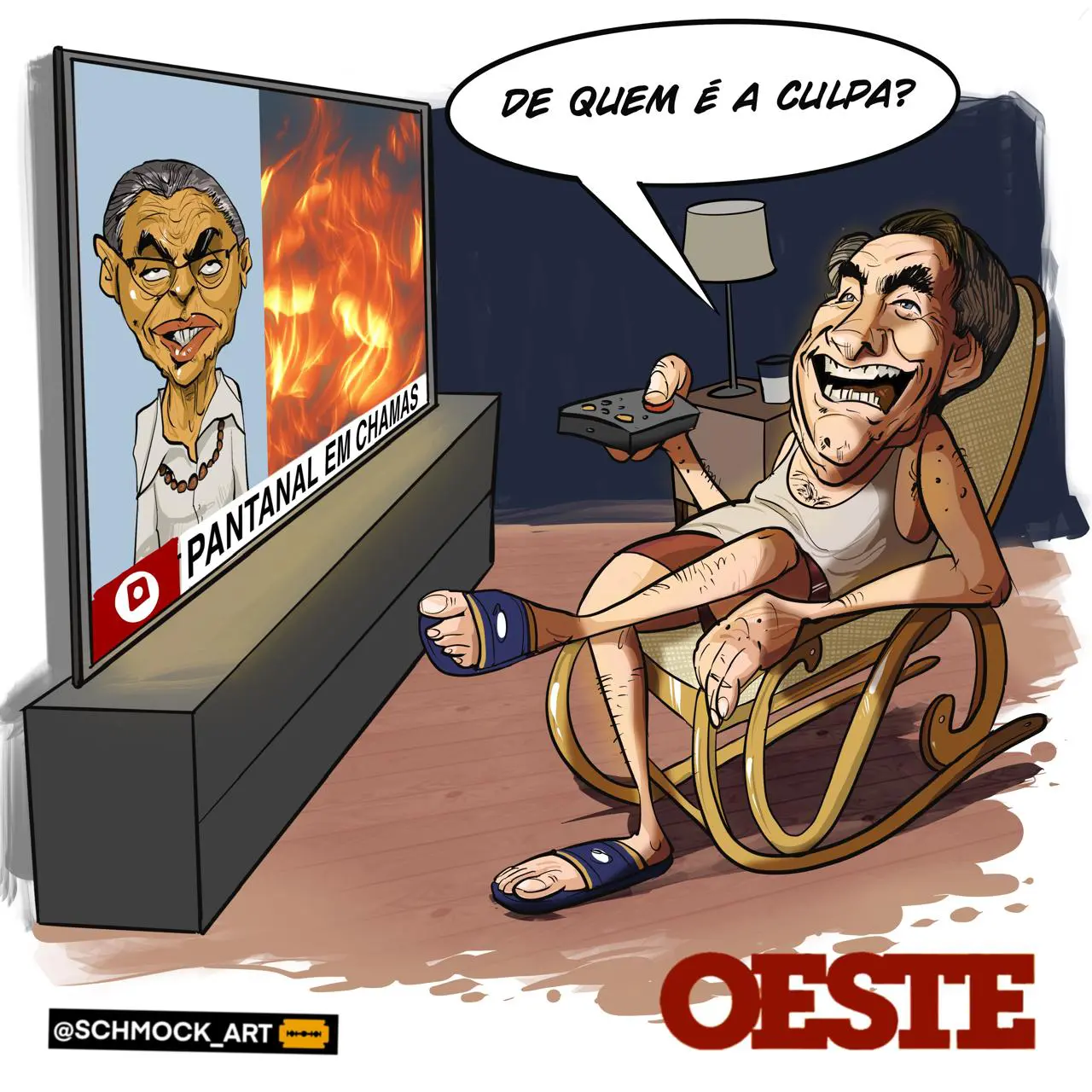 Charge da semana — 28/6/2024 | Schmock. Na arte de Schmock, o ex-presidente Jair Bolsonaro pergunta para a ministra Marina Silva, que aparece na TV, de quem é a culpa pelos atuais incêndios florestais no país