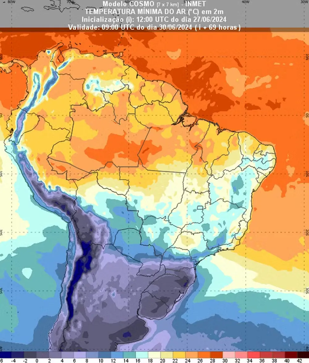 Mapa mostra a frente frio no Brasil