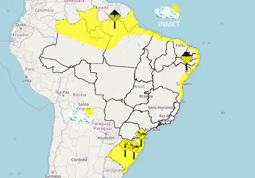 Mapa do Brasil com alertas meteorológicos em destaque (cor amarela) — 3/6/2024 | Foto: Reprodução/Inmet