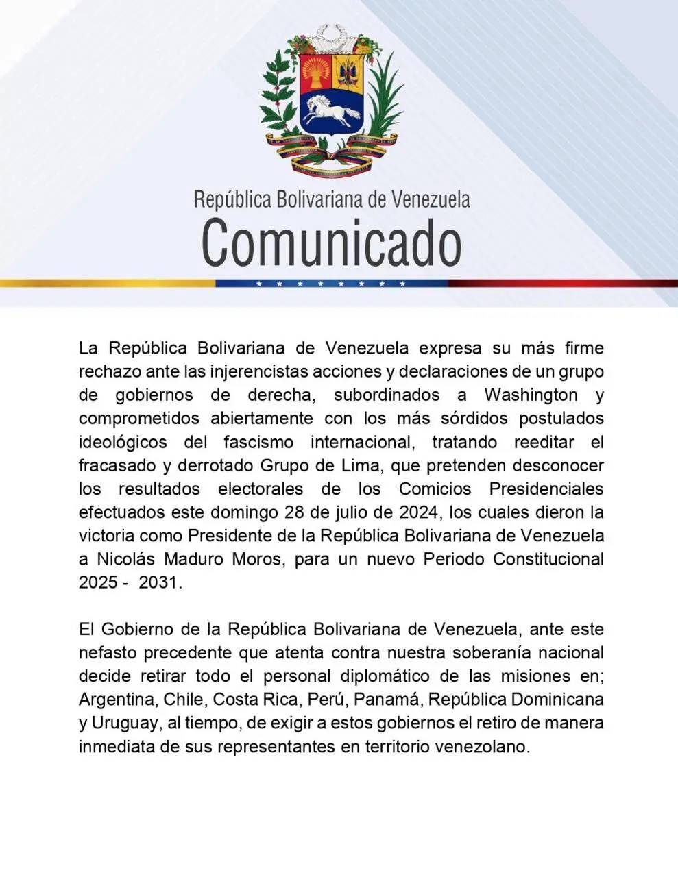 Comunicado da ditadura de Nicolás Maduro, divulgado no fim da tarde desta segunda-feira, 29 | Foto: Reprodução/Twitter/X