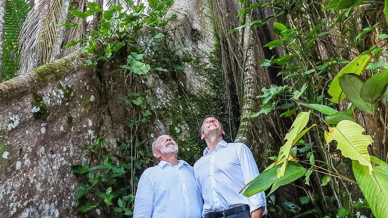 Lula e Macron junto à Sumaúma, a maior árvore da Amazônia, na Ilha Combu. Belém (PA)