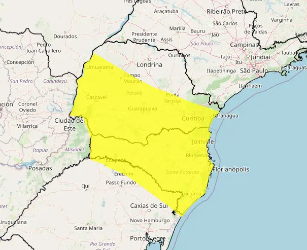 O alerta é para o norte e nordeste do Rio Grande do Sul, todo o Estado de Santa Catarina e sul e sudeste do Paraná