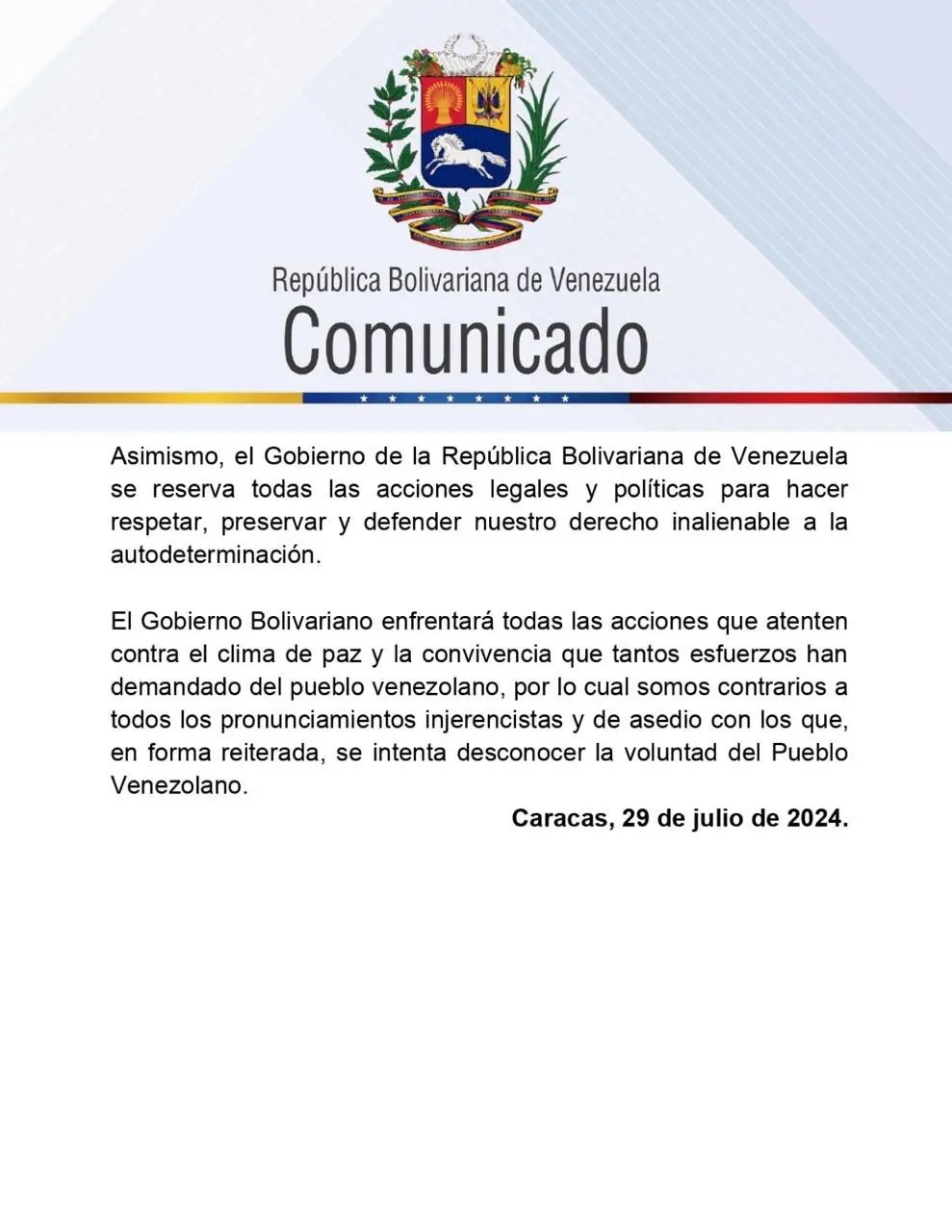 Comunicado da ditadura de Nicolás Maduro, divulgado no fim da tarde desta segunda-feira, 29 | Foto: Reprodução/Twitter/X