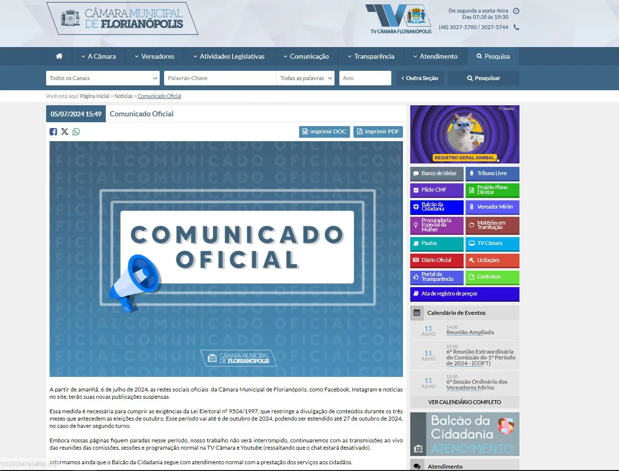Comunicado no website da Câmara Municipal de Florianópolis | Foto: Reprodução