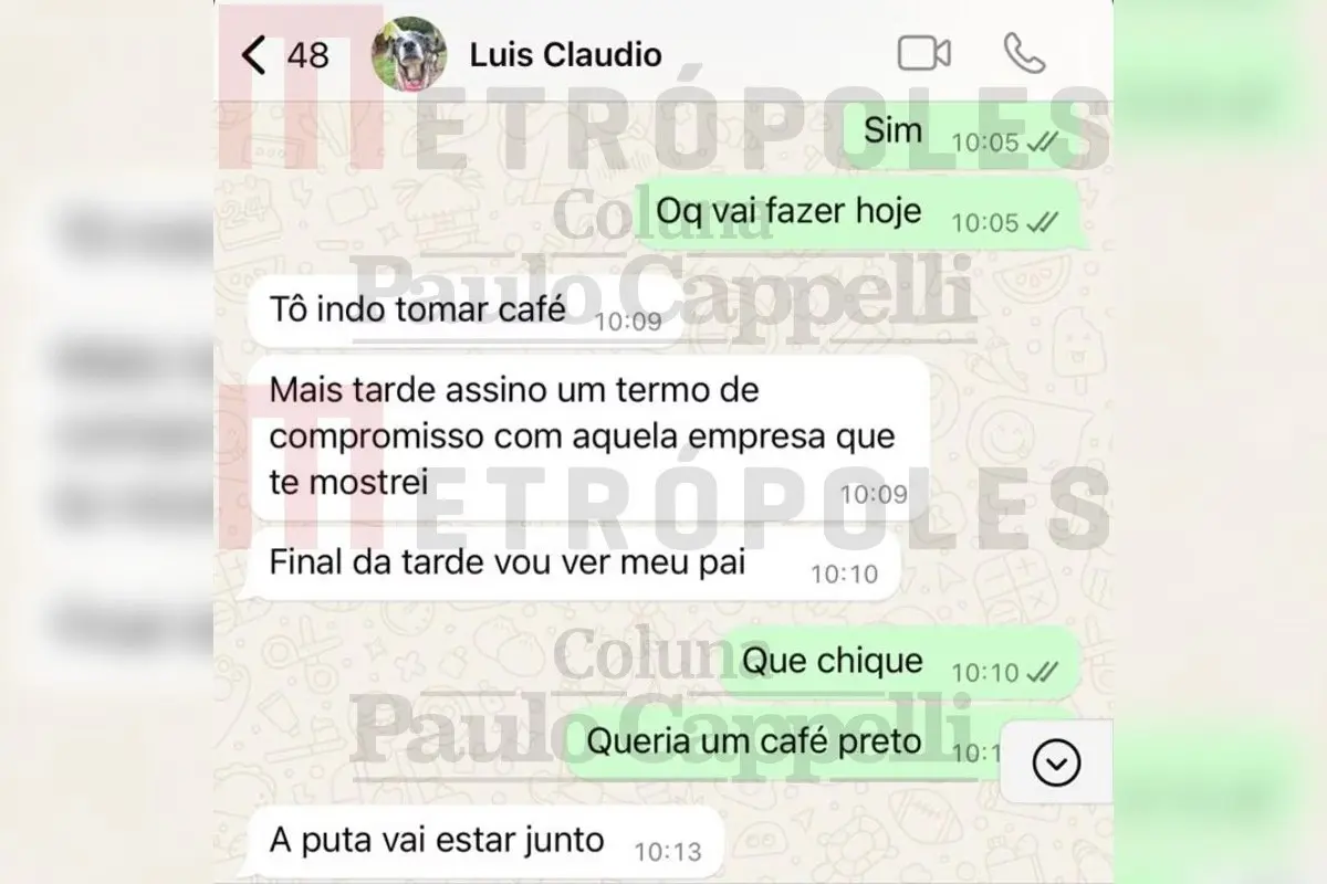 Mensagens entre Natália Schincariol e Luís Cláudio Lula da Silva | Foto: Reprodução/Metrópoles